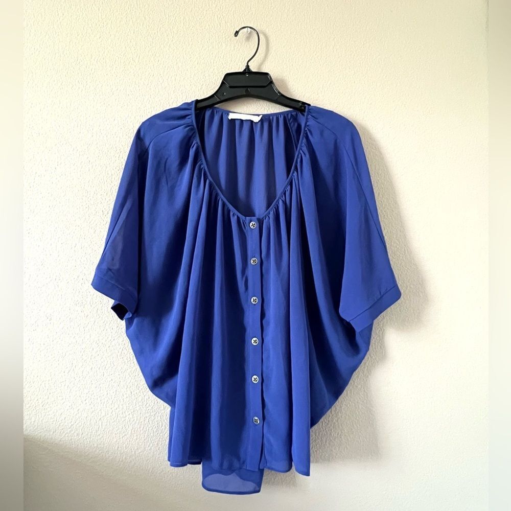Lush Royal Blue V Neck Chiffon Blouse - Picture 2 of 9